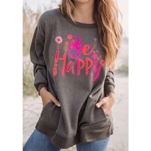 Natural Life Comfy Pocket Sweatshirt Be Happy Oversized Brown Heather Sz Large